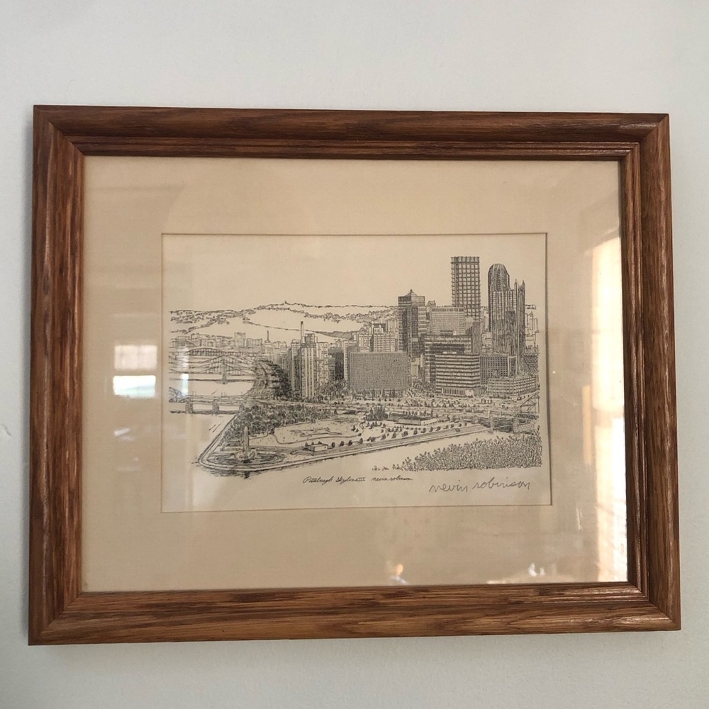Vintage Pittsburgh skyline Nevin Robinson signed print.  9x11 frame
